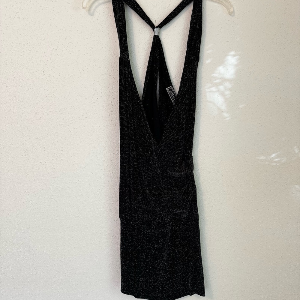 Guess black open-back sparkly crisscross low plunge front mini evening dress